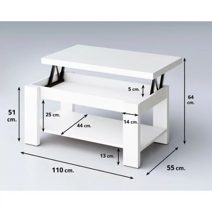 Mesa centro elevable blanco 110x55 cm.
