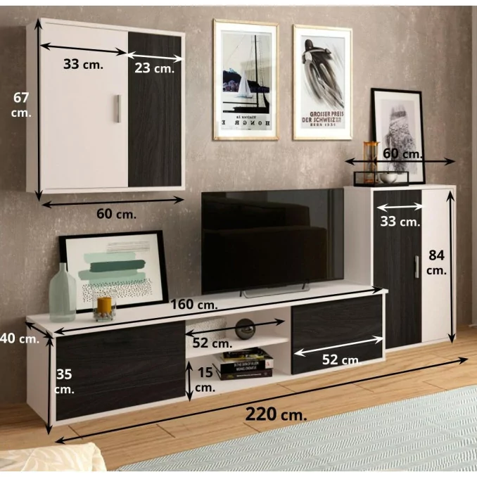 Mueble de salón Zeta blanco-gris bocamina 220 cm.