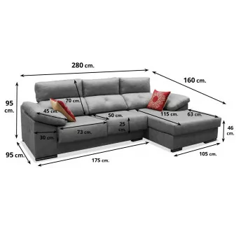 Sofá chaise longue Evoque 280 cm. en color gris cemento