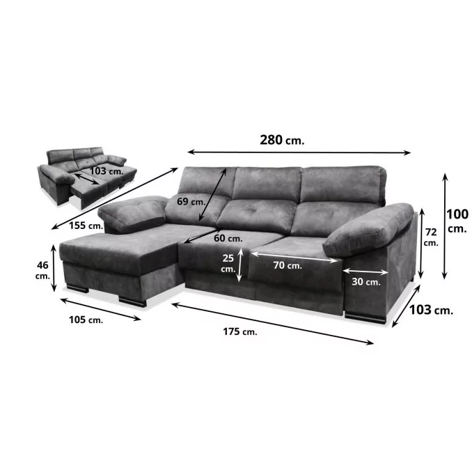 Sofá cheslong cama Vogue 280 cm. asientos ultra...