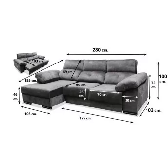 Sofá cheslong cama Vogue 280 cm. asientos ultra extensibles color gris antracita
