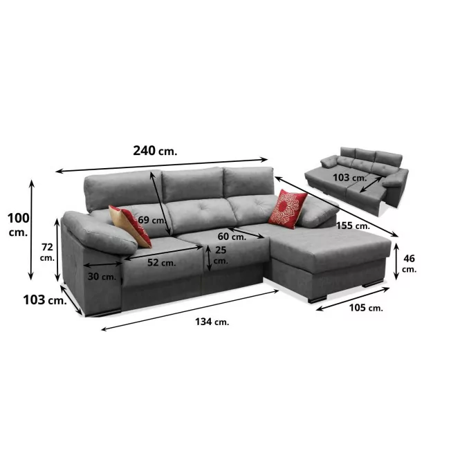Sofá cheslong cama Vogue 240 cm. asientos ultra...