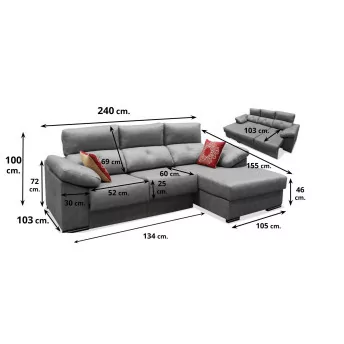 Sofá cheslong cama Vogue 240 cm. asientos ultra extensibles