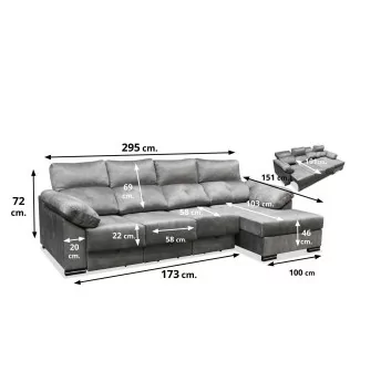 Sofá chaislong derecho cama Vogue 295 cm. asientos ultra extensibles