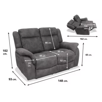 Sofá relax dos plazas 148 cm reclinable Indiana gris oscuro