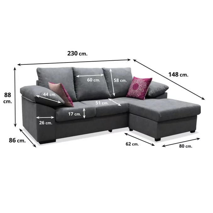 Sofá chaise longue Alejandra 230 cm.