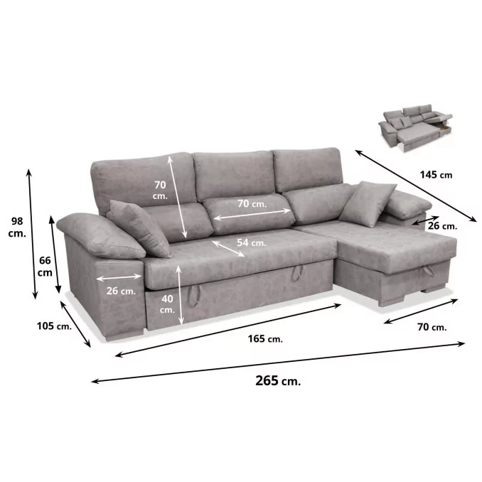 Sofá cama chaise longue derecha Álvaro 265 cm...