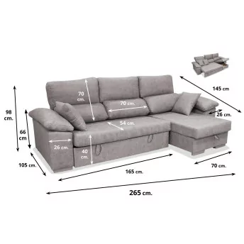 Sofá cama chaise longue derecha Álvaro 265 cm con arcón abatible, cojines no incluidos