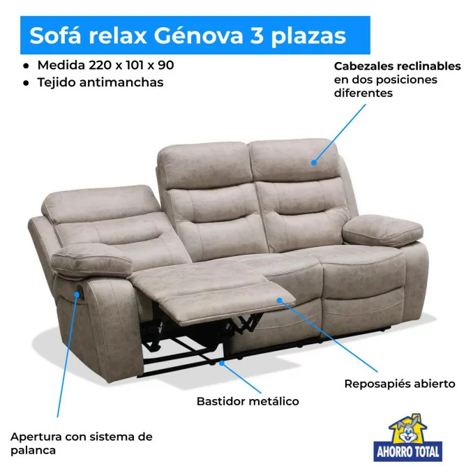 Sofá Relax Génova 3 plazas 220 cm
