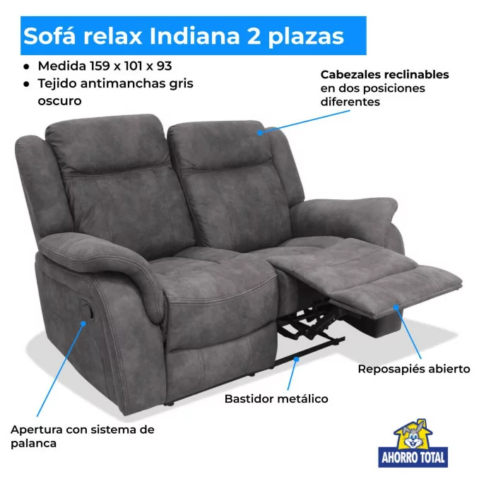 Sofá relax dos plazas 148 cm reclinable Indiana...