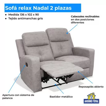 Sofá relax reclinable dos plazas Nadal 136 cm color gris