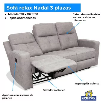 Sofá relax reclinable tres plazas Nadal 190 cm color gris