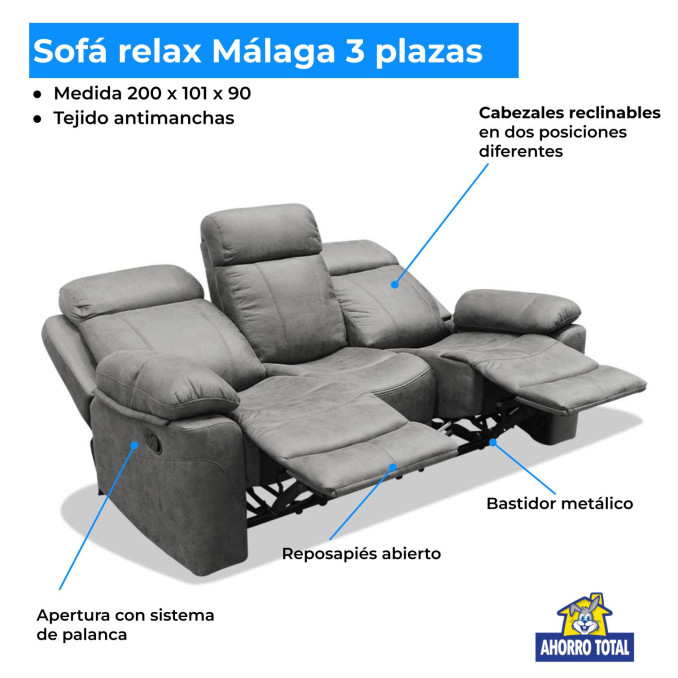 Sofá relax 3 plazas Málaga 200 cm