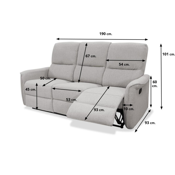 Sofá relax tres plazas manual Taycan 190 cm.