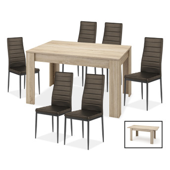 Conjunto mesa comedor extensible y 6 sillas marrón Daniela