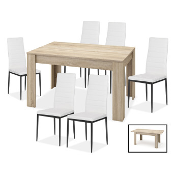 Conjunto mesa comedor extensible y 6 sillas blancas Daniela