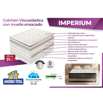 Colchón viscoelástica con muelle ensacado Imperium 135x200 Altura 31cm.