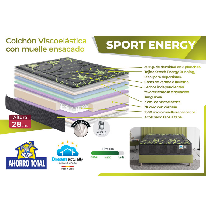 Colchón visco muelles 105x190 Altura 28 cm. Sport