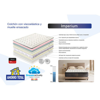 Colchón viscoelástica con muelle ensacado Imperium 105x190 Altura 31cm.