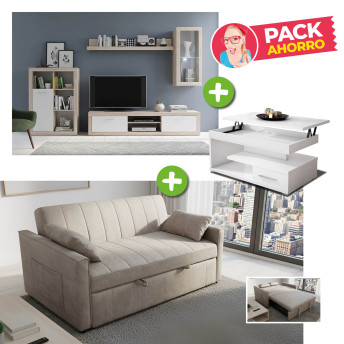 Pack ahorro salón Velázquez - Mueble librería salón + sofá cama + mesa centro elevable
