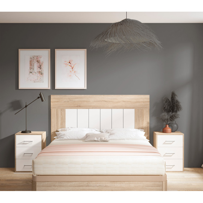 Cabecero y tres mesitas montadas roble