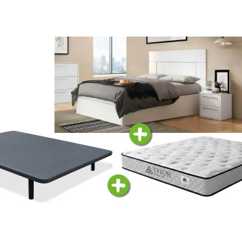 Pack cabecero y dos mesitas blancas, base y colchón