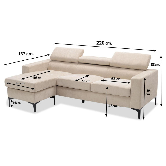 Sofá chaise longue Fido beige 220 cm