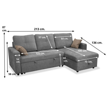 Sofá chaise longue cama con arcón Bowie gris 213 cm