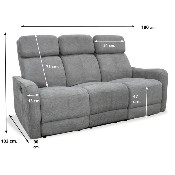 Sofá relax Kardashian gris tres plazas 180 cm