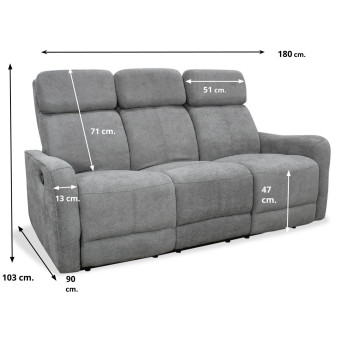 Sofá relax Kardashian gris tres plazas 180 cm