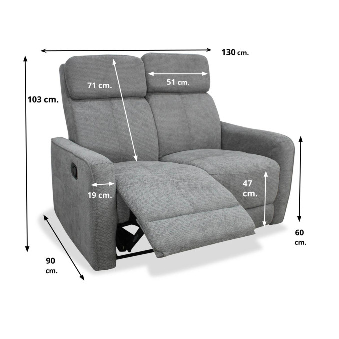 Sofá relax Kardashian gris dos plazas 130 cm