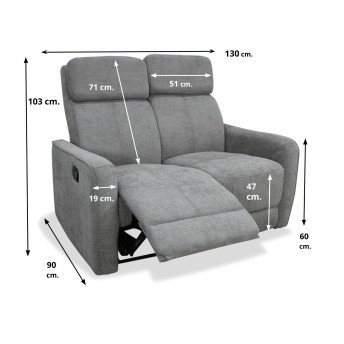 Sofá relax Kardashian gris dos plazas 130 cm