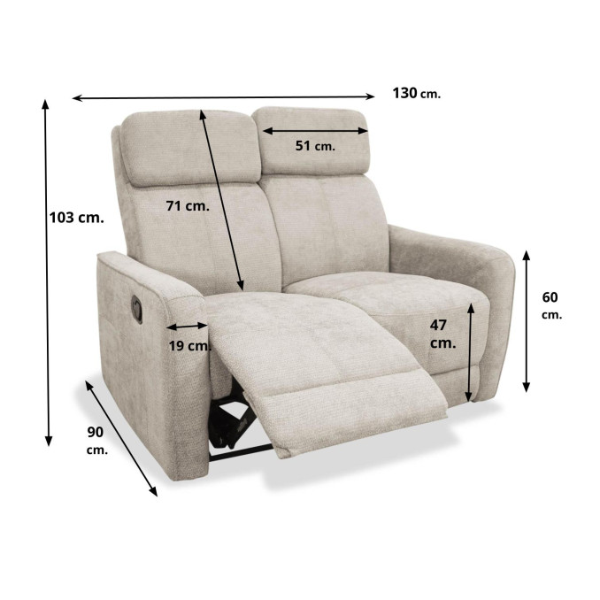 Sofá relax Kardashian beige dos plazas 130 cm