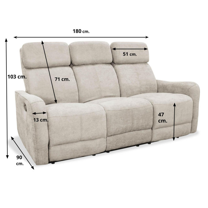 Sofá relax Kardashian beige tres plazas 180 cm