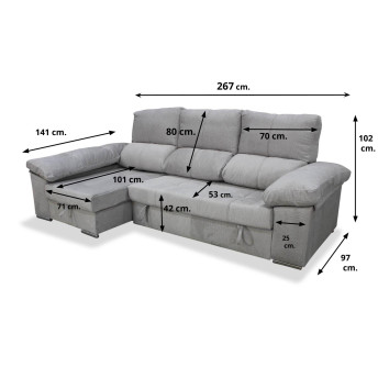 Sofá cama chaise longue izquierda con arcón abatible Bunny 267 cm