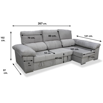 Sofá cama chaise longue derecha con arcón abatible Bunny 267 cm