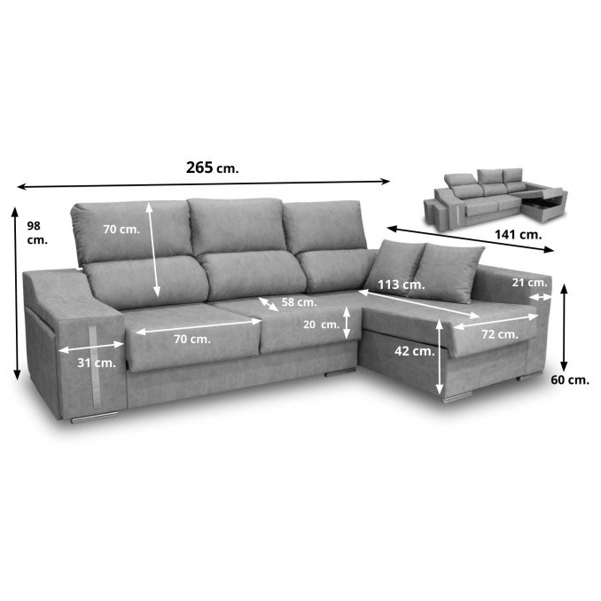 Sofá chaise longue derecha Óscar 265 cm.