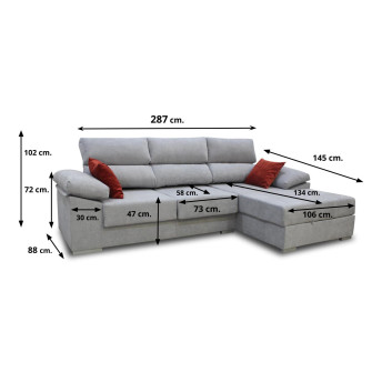 Sofá mega chaise longue derecha Megane 287 cm