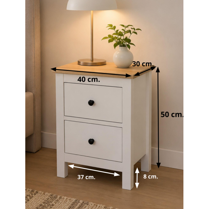 Mesa de noche Hermes roble blanco 2 cajones
