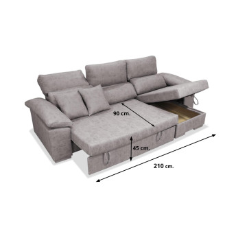 Sofá cama chaise longue derecha Álvaro 265 cm con arcón abatible, cojines no incluidos