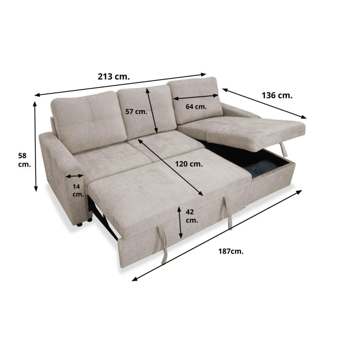 Sofá chaise longue cama con arcón Bowie beige...