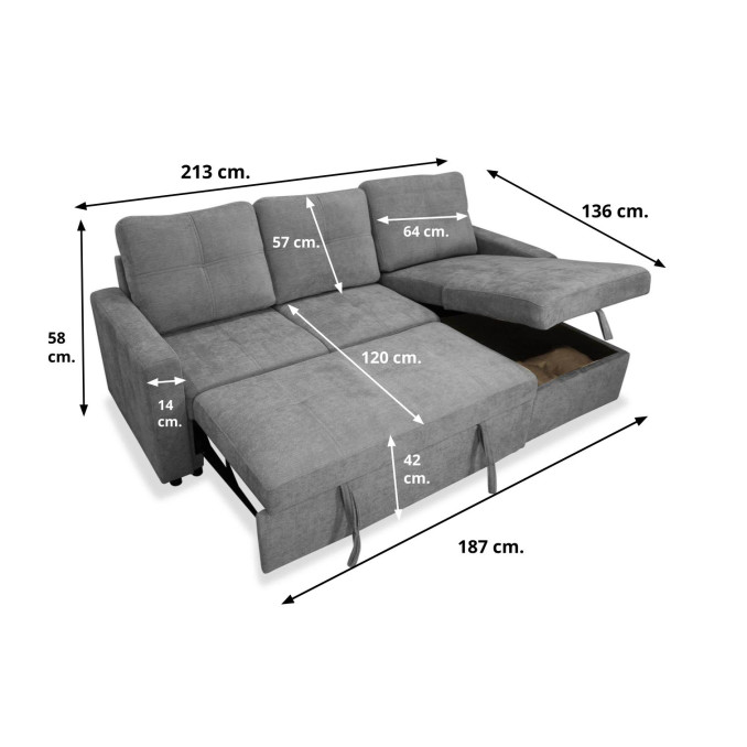 Sofá chaise longue cama con arcón Bowie gris...