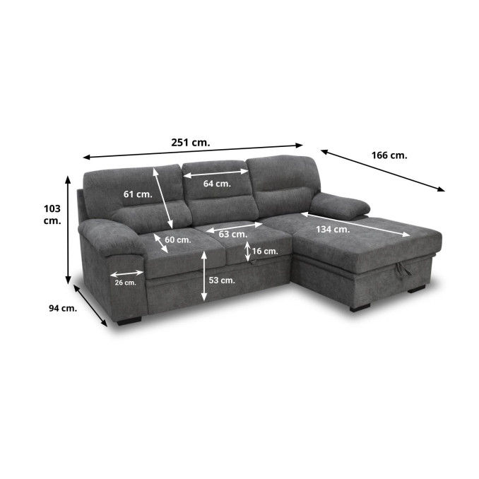 Sofá cama chaiselongue derecha Silvia 251 cm